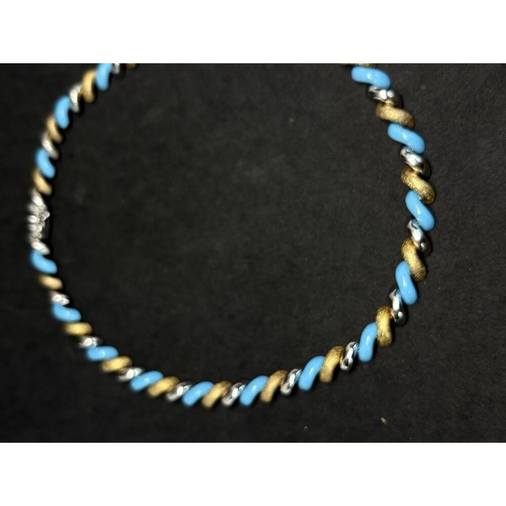 Vintage Sterling Silver 925 3 Tone Gold Turquoise Enamel Twisted Necklace KR 32g - Picture 4 of 13